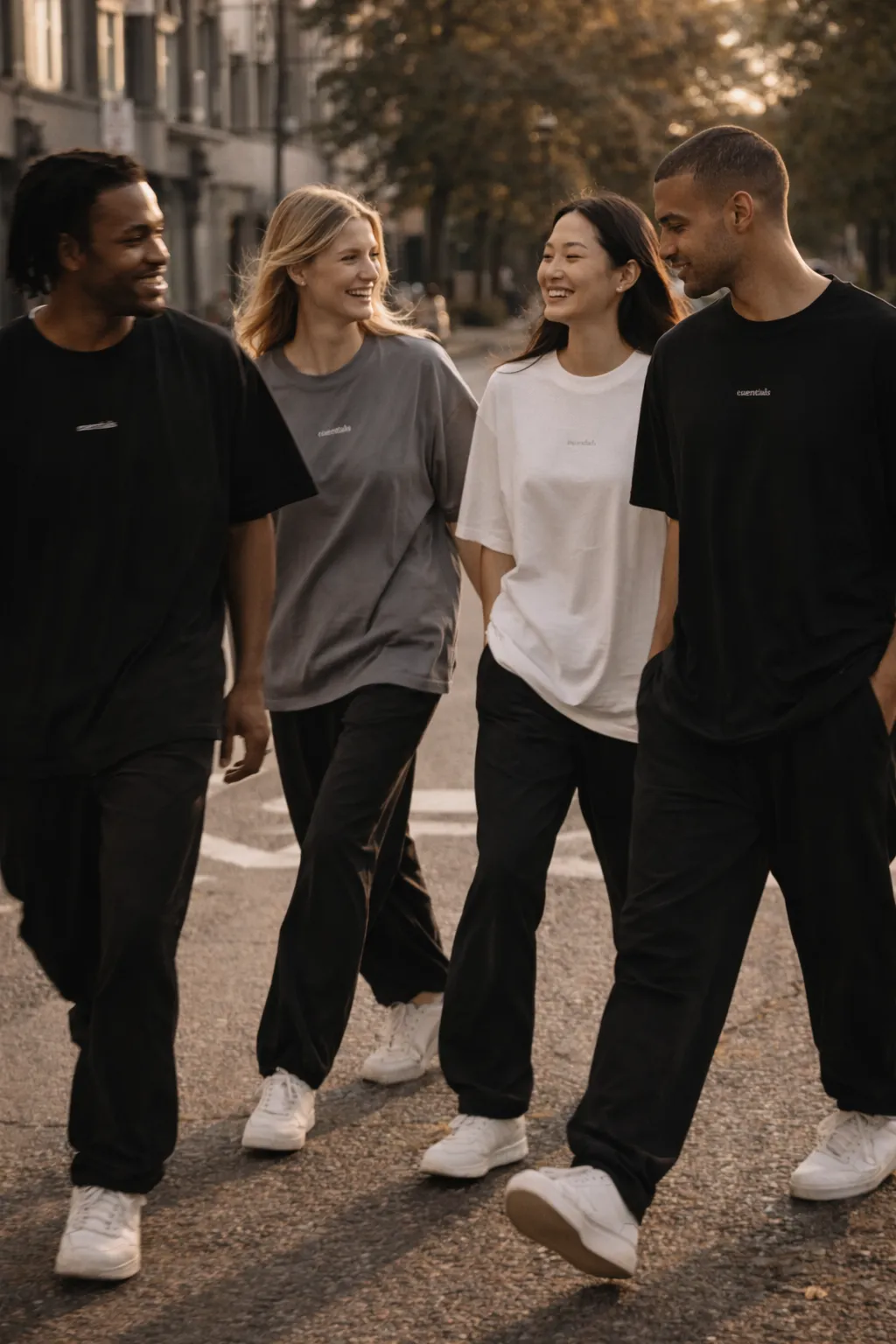 Friends walking through the city at sunset