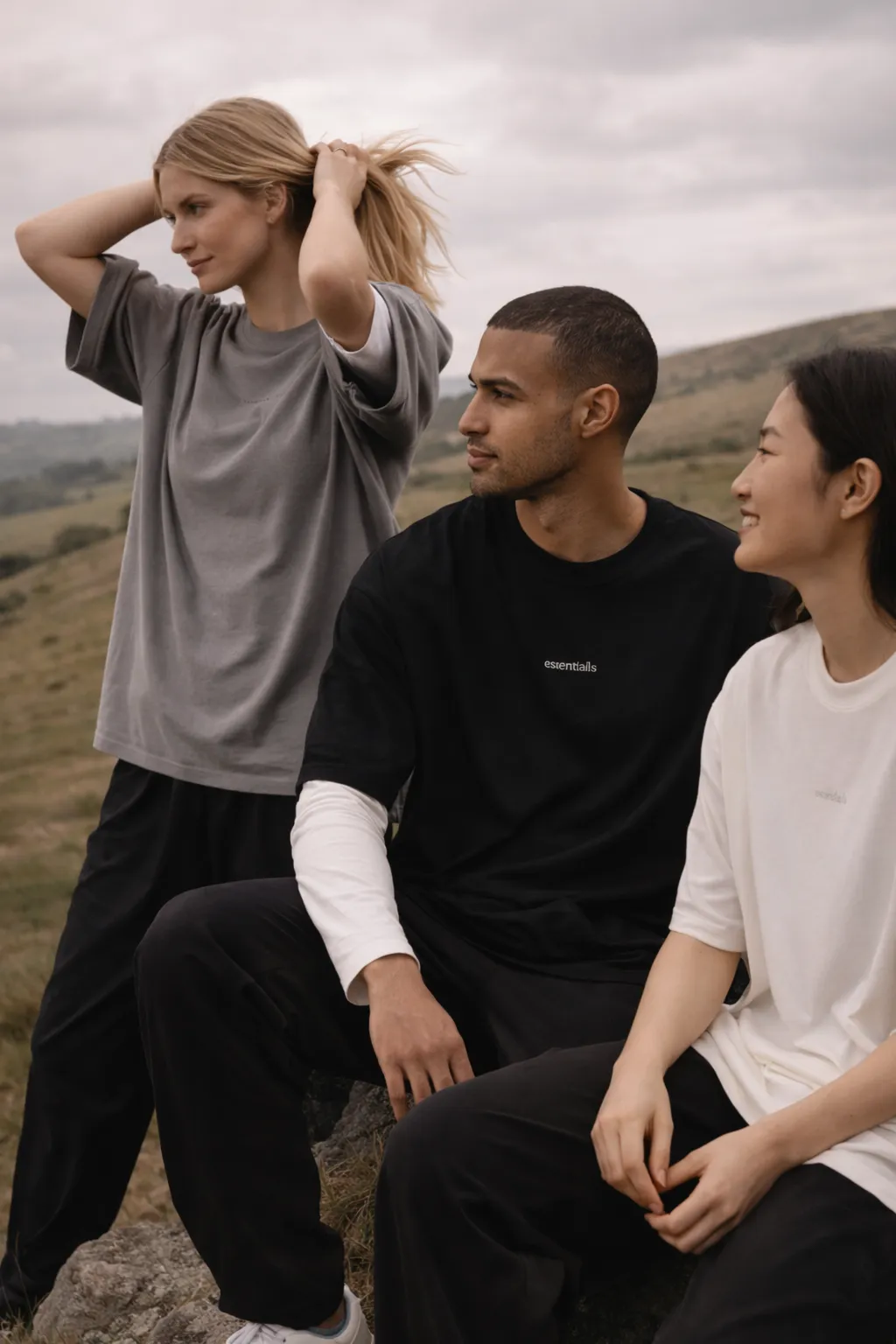 Friends resting together in the hills