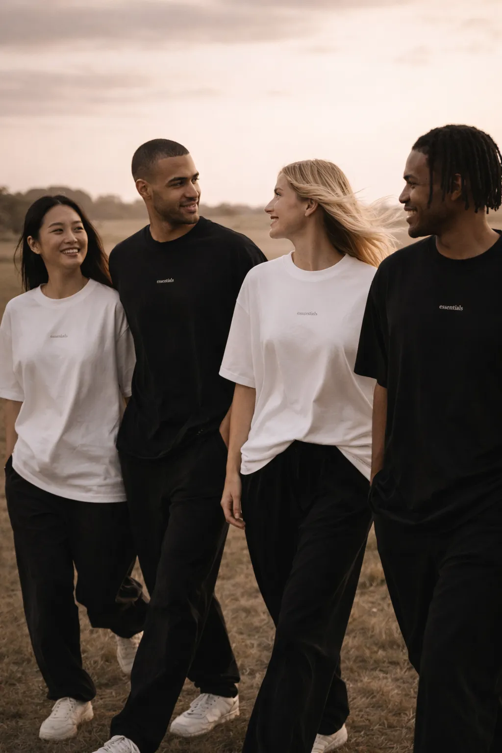 Friends walking together through a field at sunset